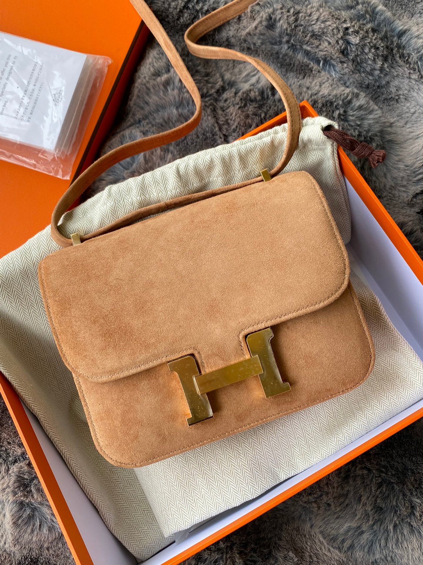 Tan Suede Crossbody Bag with Gold H-Clasp Buckle - Elegant Small Shoulder Bag