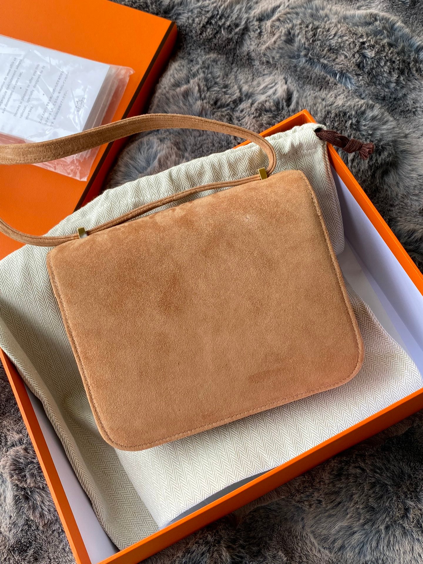 Tan Suede Crossbody Bag with Gold H-Clasp Buckle - Elegant Small Shoulder Bag