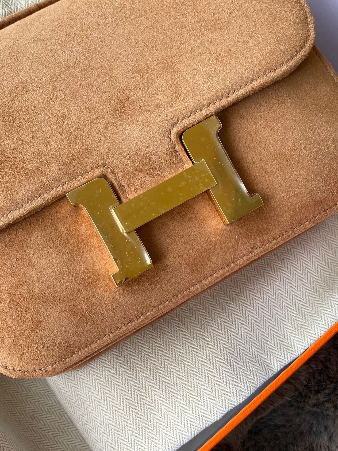 Tan Suede Crossbody Bag with Gold H-Clasp Buckle - Elegant Small Shoulder Bag