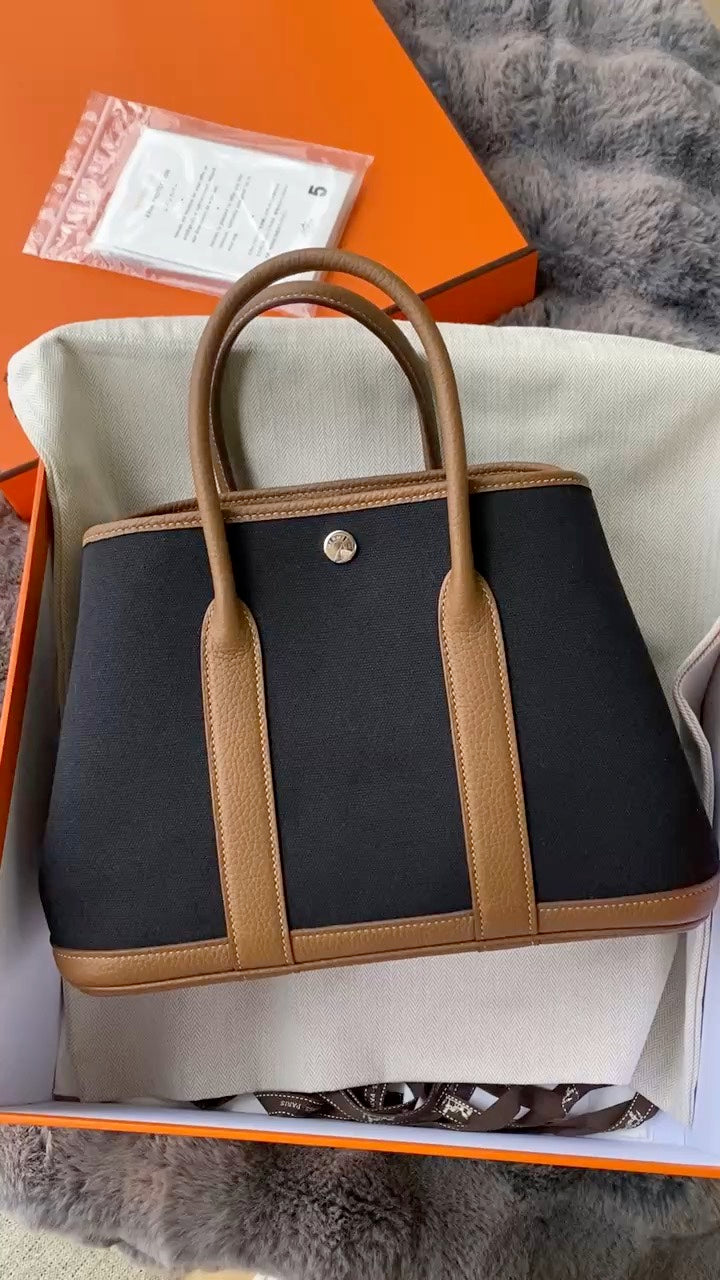 Hermès Garden Party 30 TPM Tote Bag Black Toile Canvas &amp; Gold Leather Trim