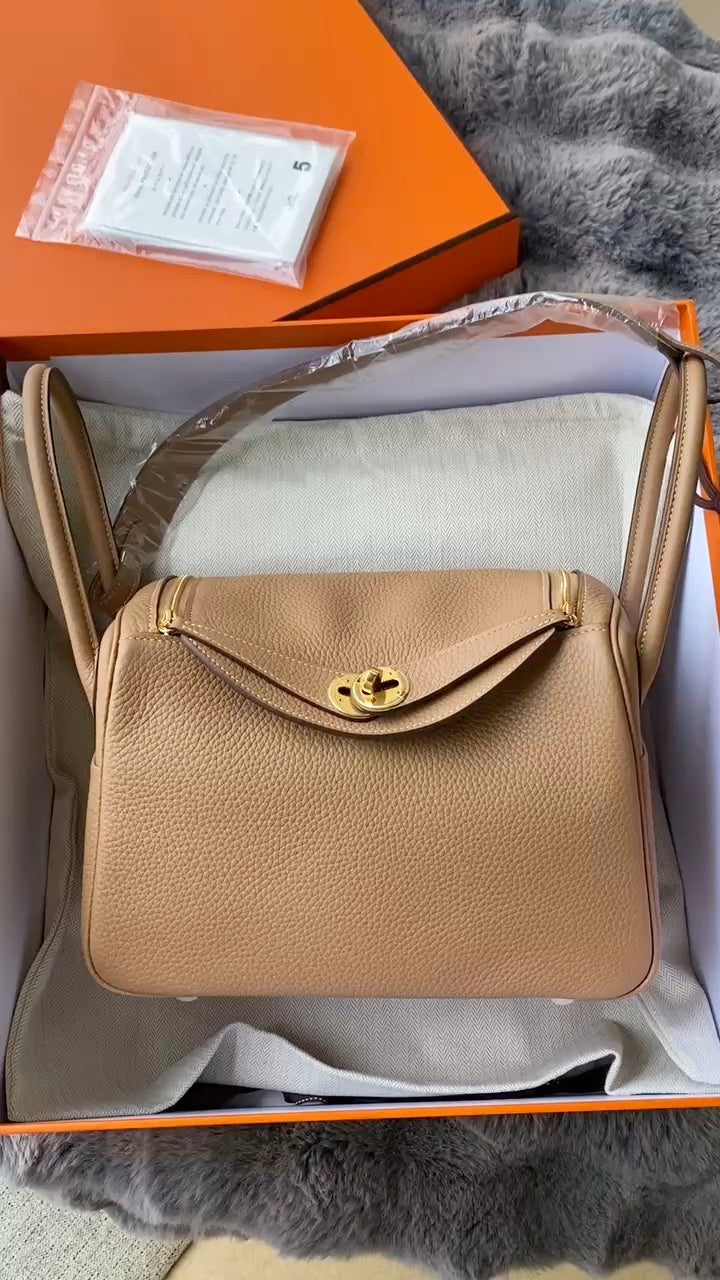 Luxury Tan Leather Lindy Style Handbag with Gold-Tone Hardware