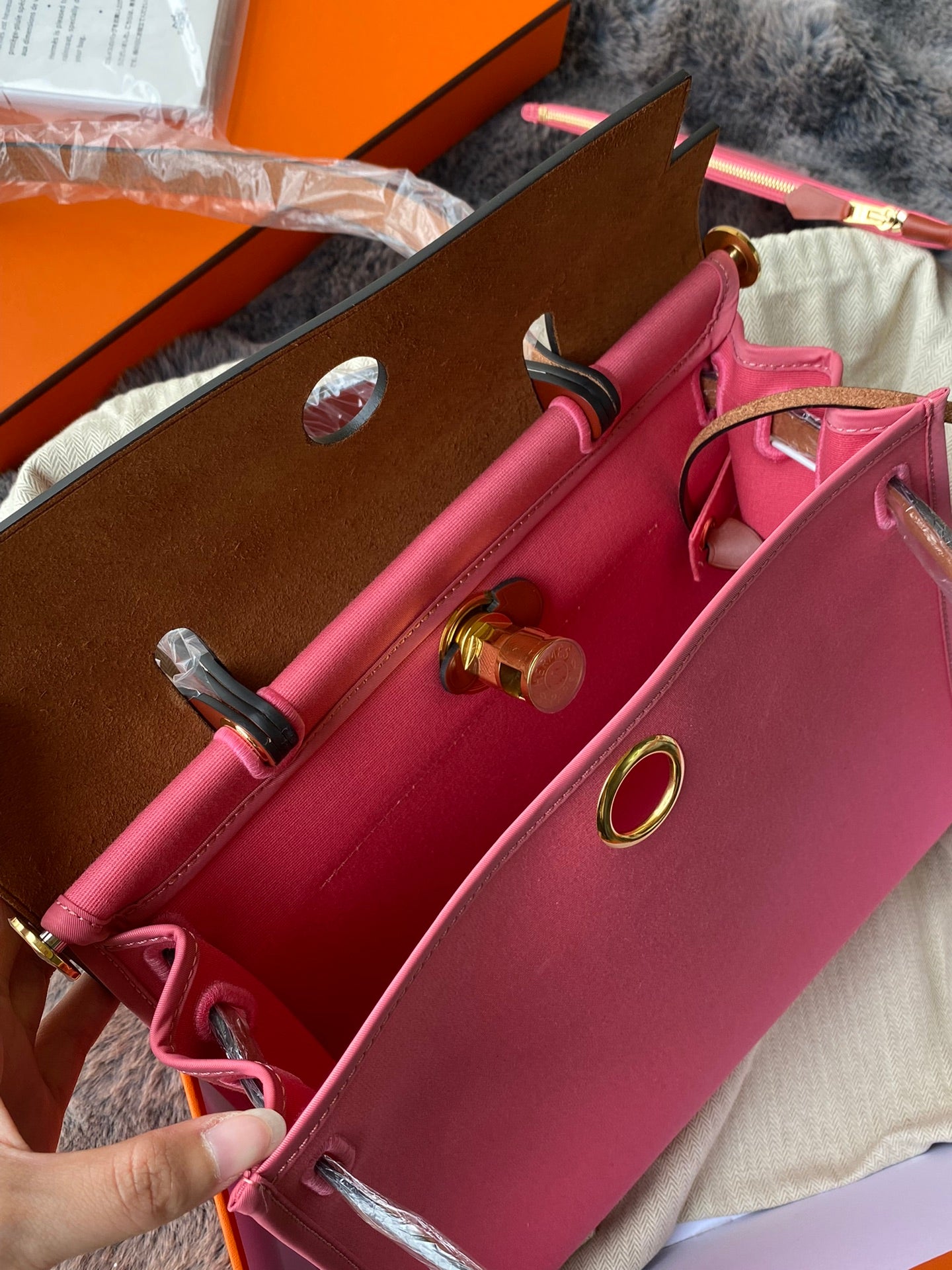 Two-Tone Pink Canvas and Brown Leather Top Handle Handbag - Women's Fashion Tote