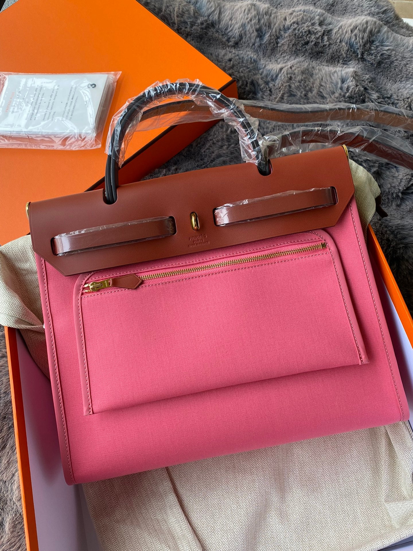 Two-Tone Pink Canvas and Brown Leather Top Handle Handbag - Women's Fashion Tote