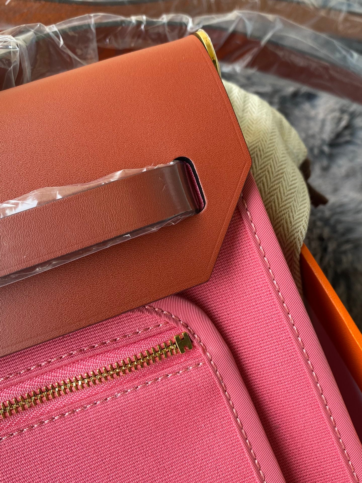 Two-Tone Pink Canvas and Brown Leather Top Handle Handbag - Women's Fashion Tote