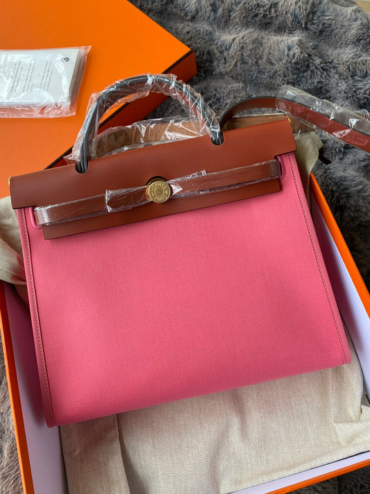 Two-Tone Pink Canvas and Brown Leather Top Handle Handbag - Women's Fashion Tote