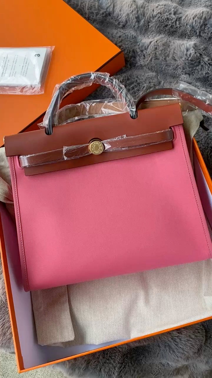 Hermès Herbag Zip 31 Pink Canvas and Brown Leather Handbag