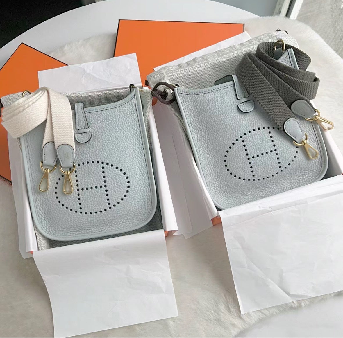 Hermès Evelyne TPM Light Blue Leather Crossbody Bag - Mini Messenger