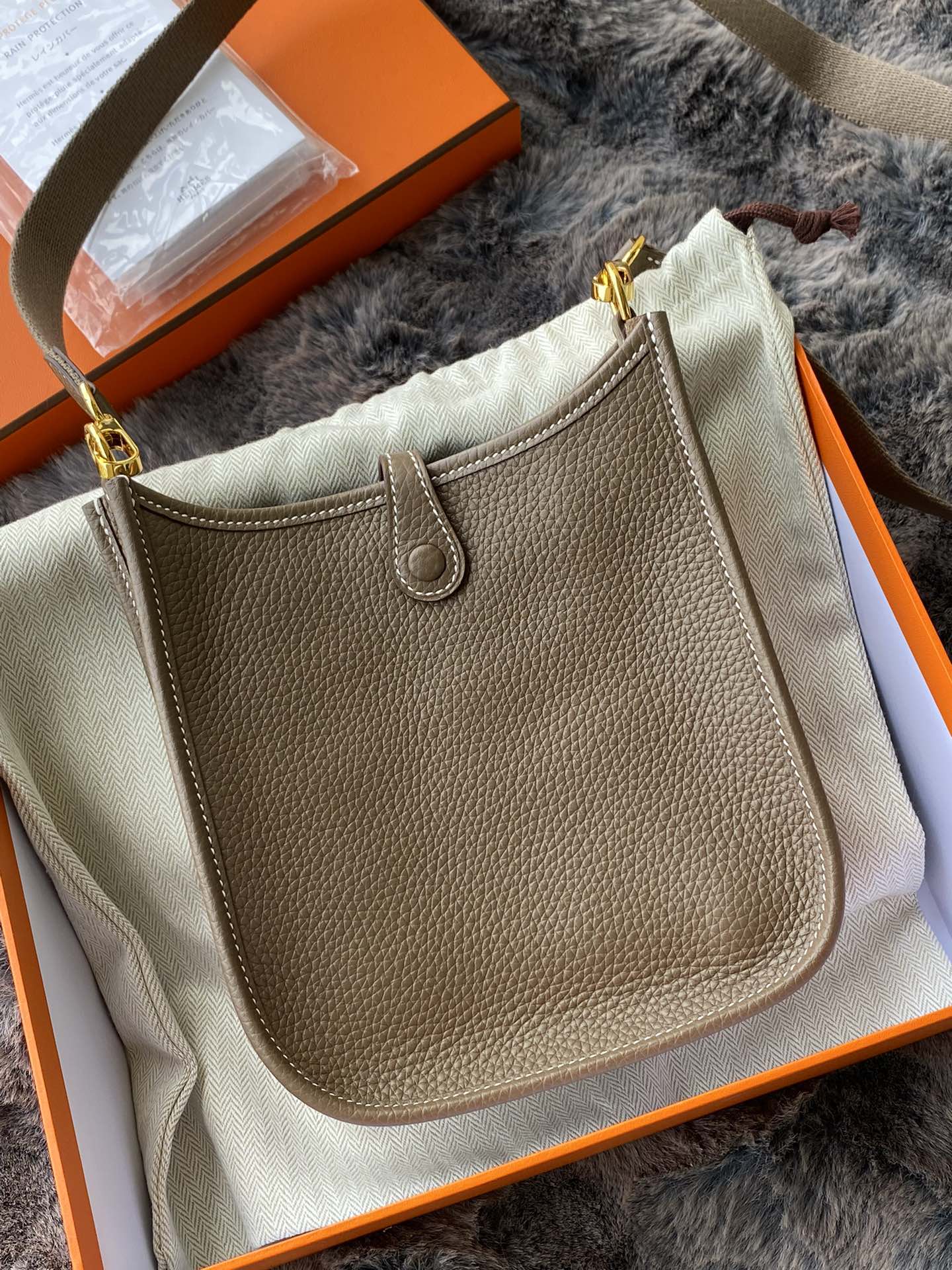 Hermès Evelyne TPM 16 Mini Bag in Etoupe Clemence Leather with Gold Hardware