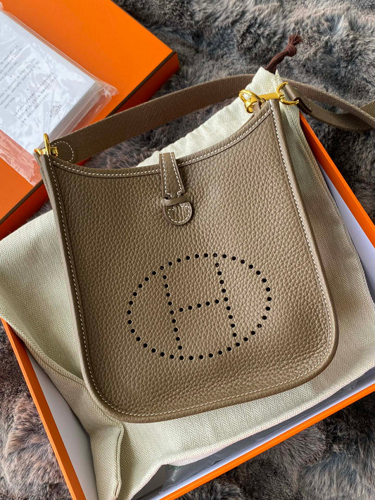 Hermès Evelyne TPM 16 Mini Bag in Etoupe Clemence Leather with Gold Hardware