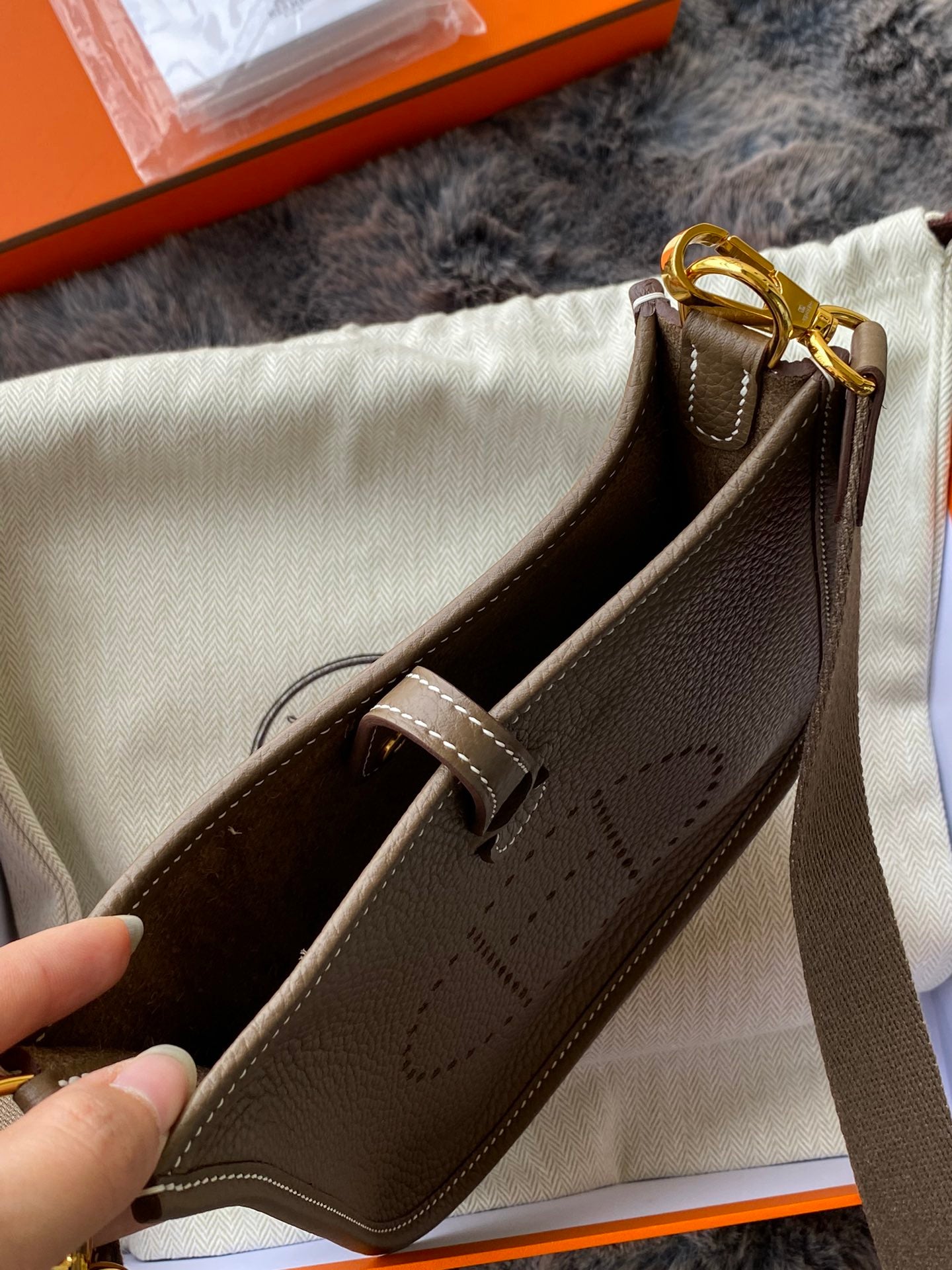 Hermès Evelyne TPM 16 Mini Bag in Etoupe Clemence Leather with Gold Hardware