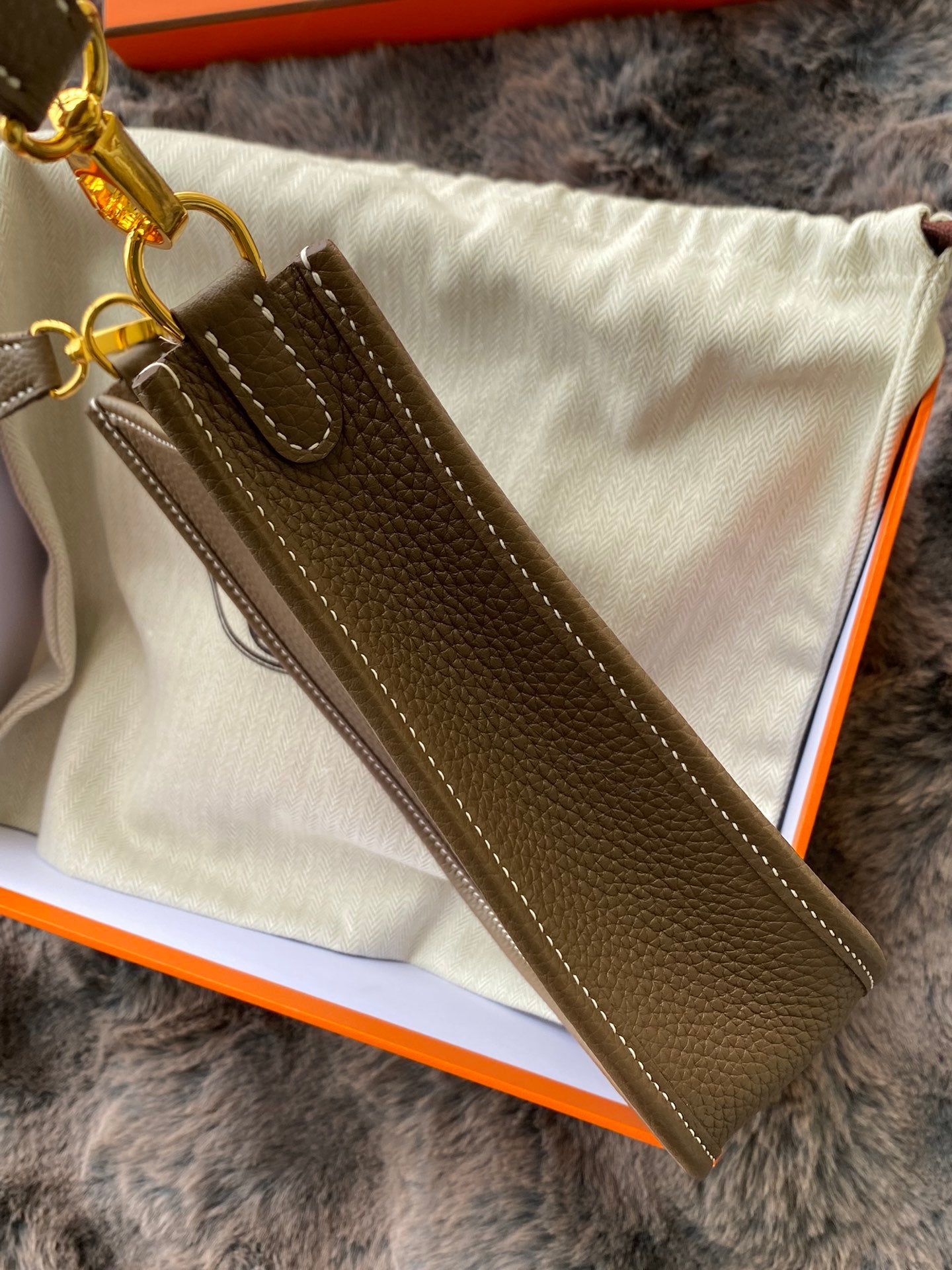Hermès Evelyne TPM 16 Mini Bag in Etoupe Clemence Leather with Gold Hardware