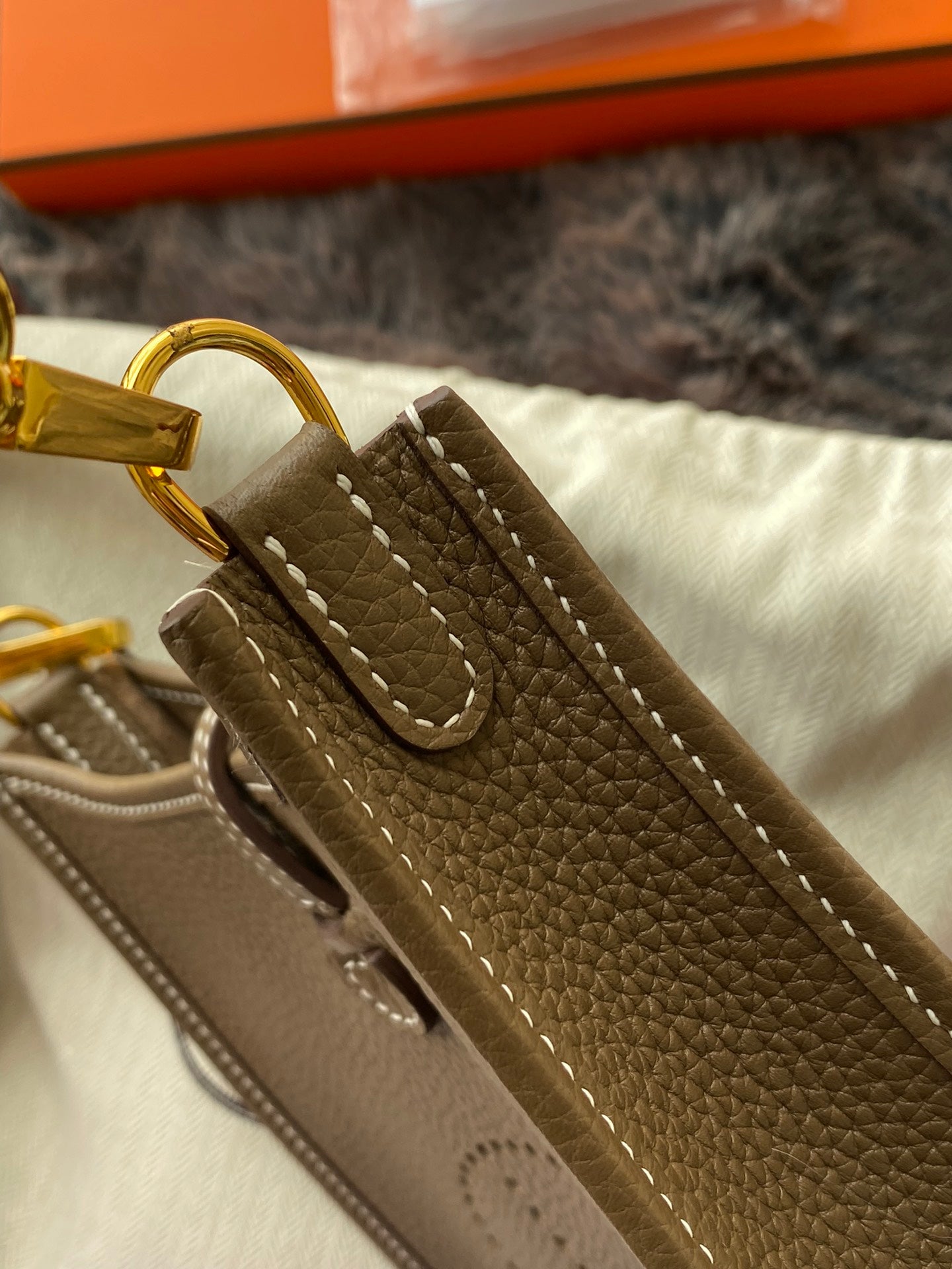 Hermès Evelyne TPM 16 Mini Bag in Etoupe Clemence Leather with Gold Hardware