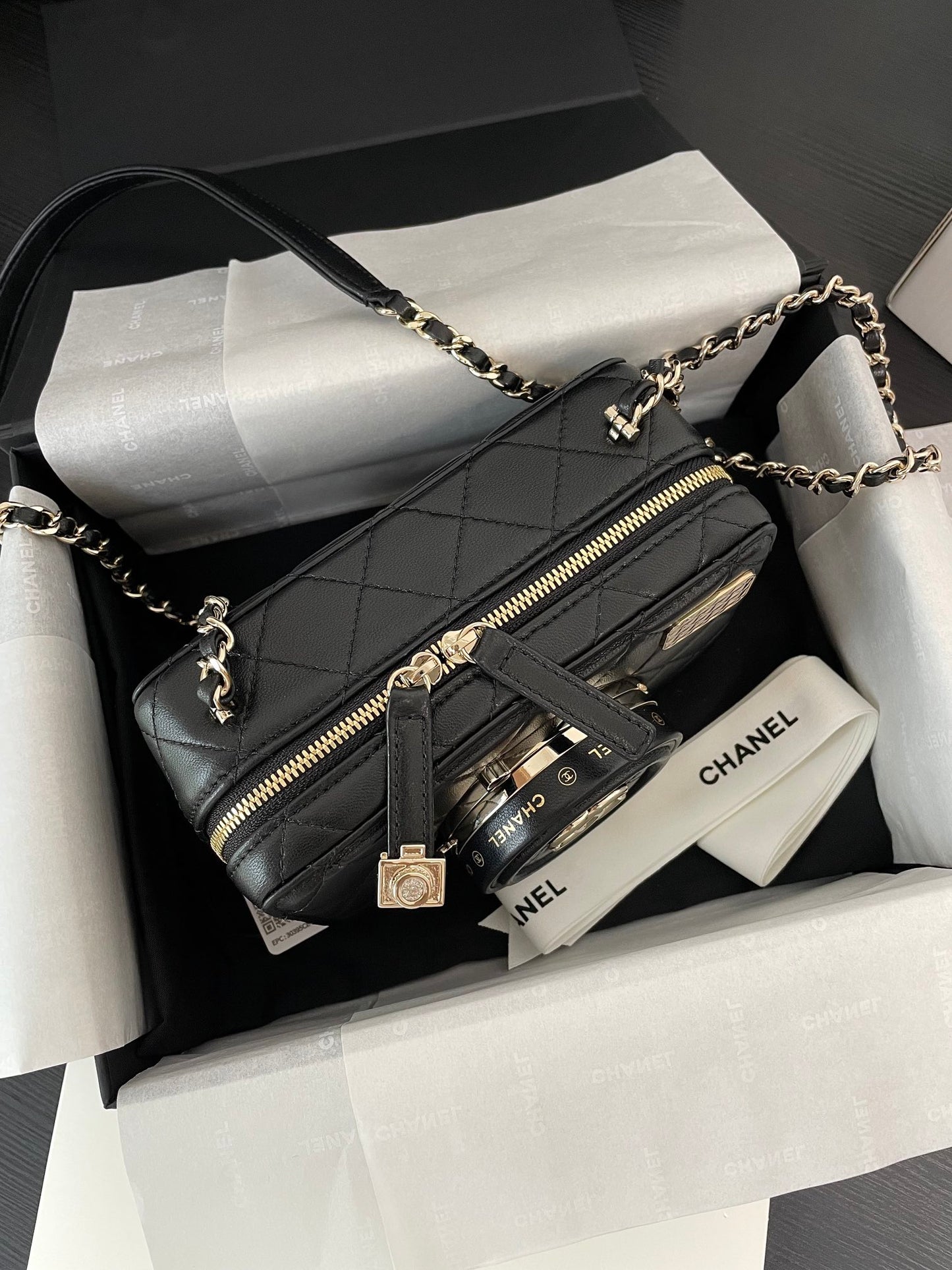 Chanel Quilted Lambskin Camera Case Mini Bag - Black with Gold-Tone Hardware