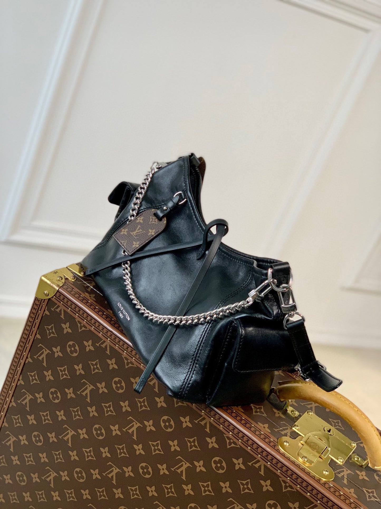 Louis Vuitton Slouchy Black Leather Shoulder Bag with Silver Chain Accent