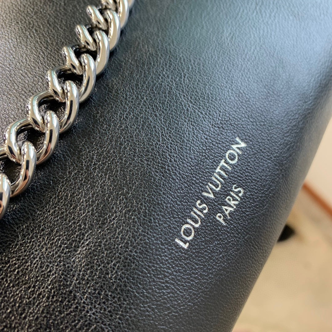 Women's Black Slouchy Leather Shoulder Bag with Silver Chain Accent