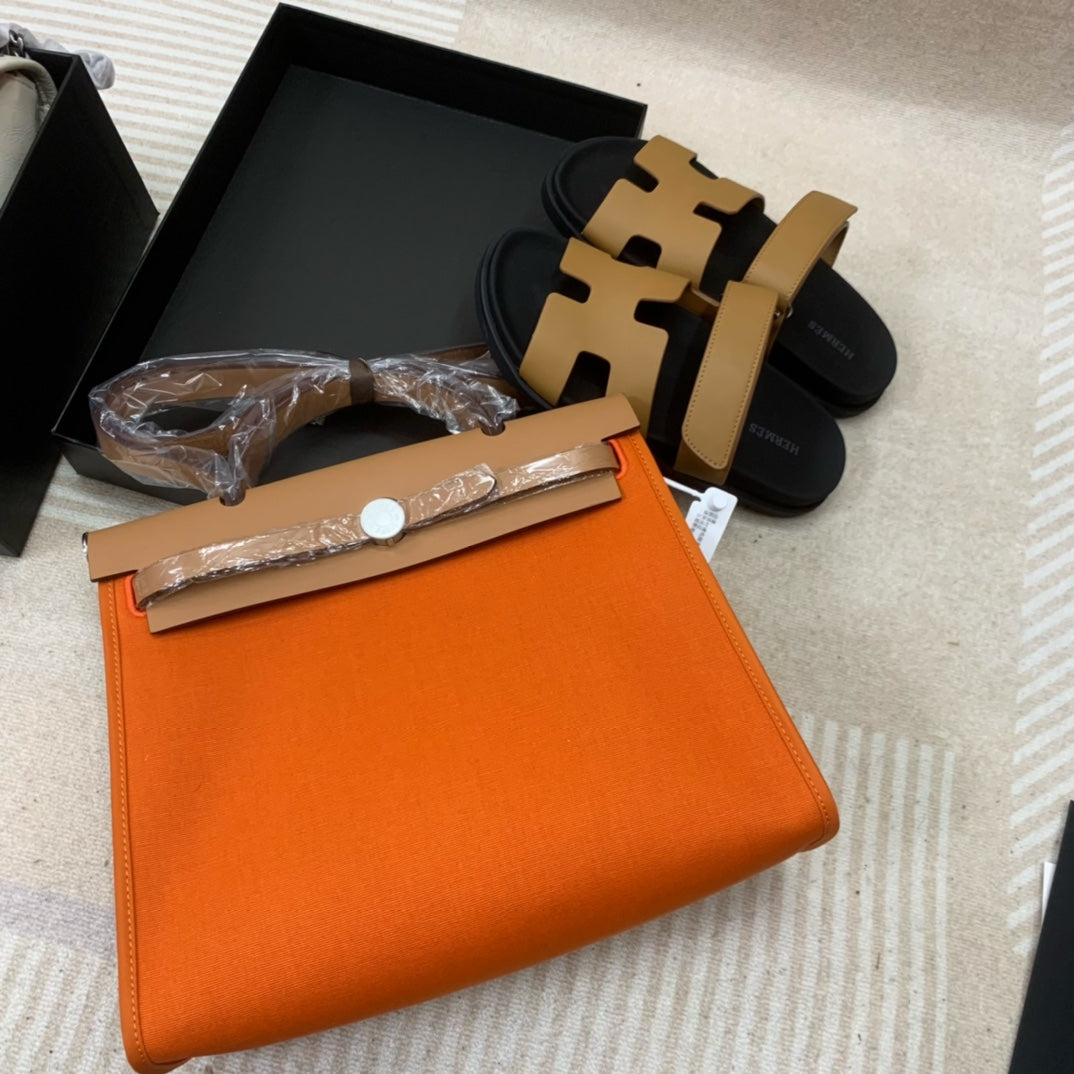 Luxury Style Orange Canvas Handbag and Tan H-Strap Leather Sandals Set