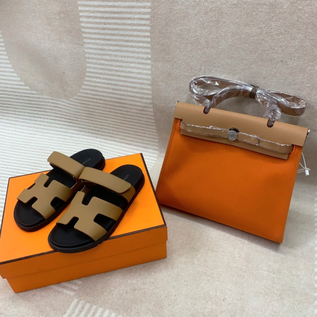 Luxury Style Orange Canvas Handbag and Tan H-Strap Leather Sandals Set