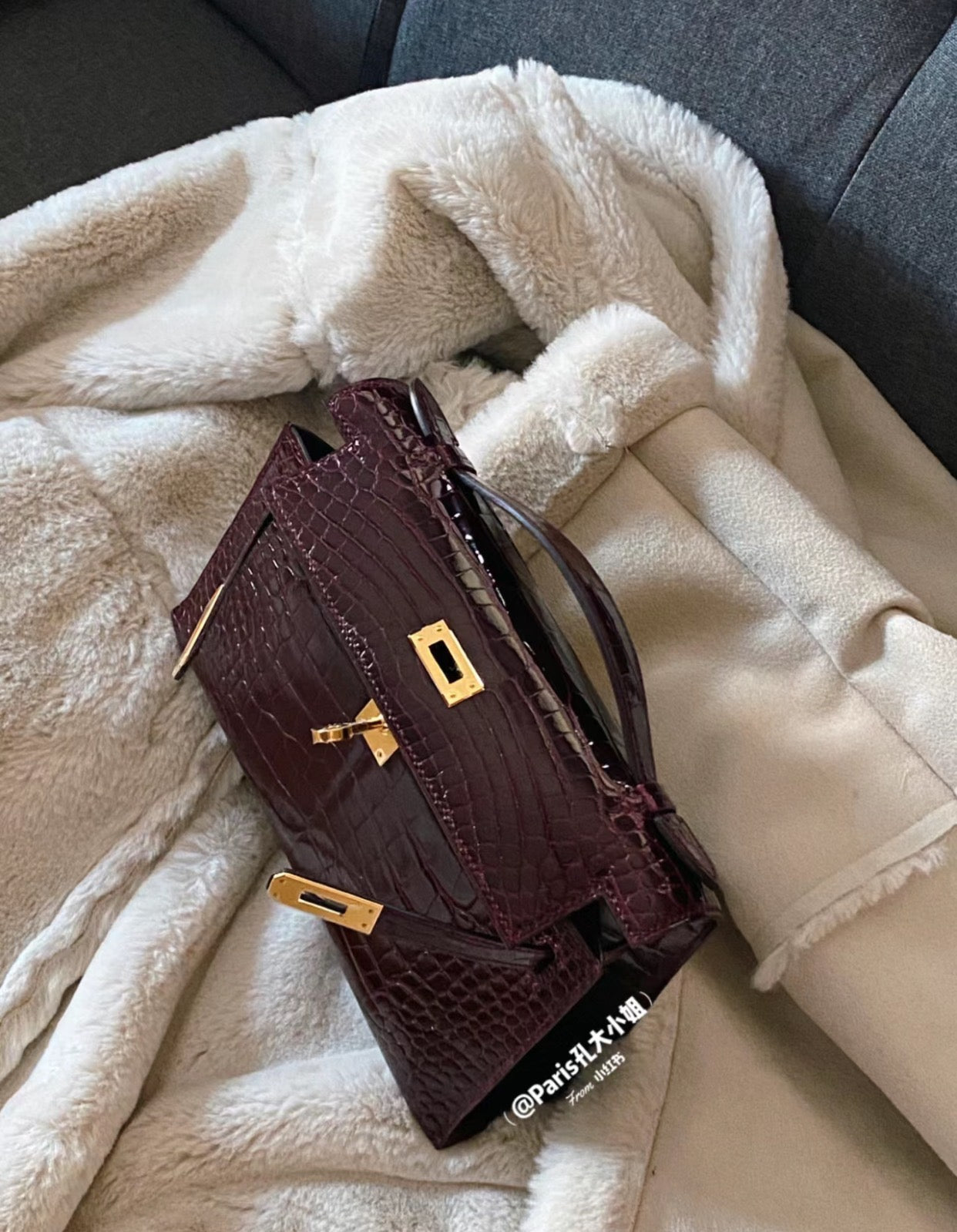 Luxury Dark Brown Crocodile Embossed Leather Handbag
