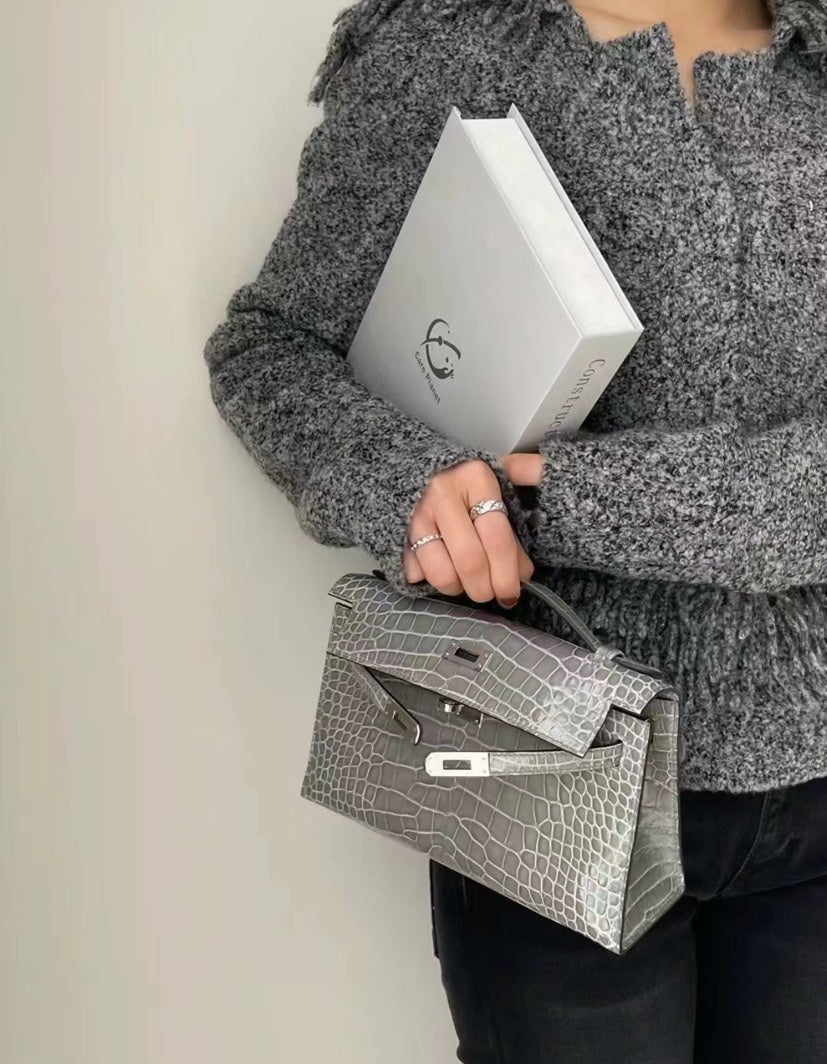 Grey Crocodile Embossed Leather Handbag - Luxury Top Handle Purse with Silver Hardware