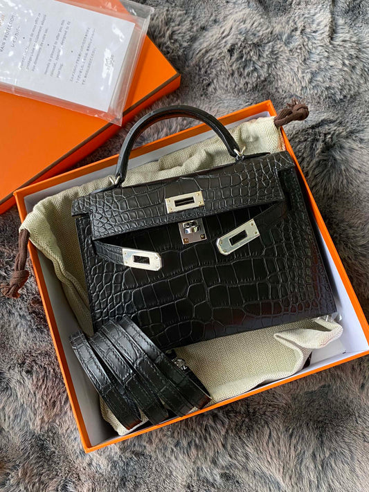 Luxury Black Crocodile Leather Top Handle Bag - Mini Kelly Style Handbag with Silver Hardware