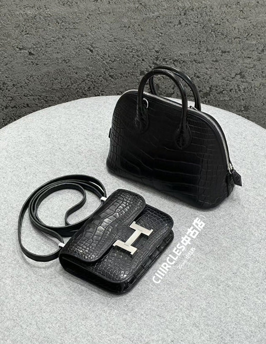 Luxury Vintage Black Crocodile Embossed Handbag Set - Flap &amp; Dome Silhouettes