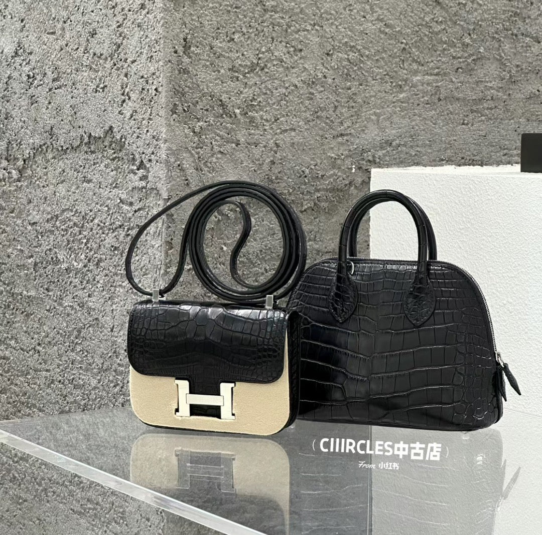 Luxury Vintage Black Crocodile Embossed Handbag Set - Flap &amp; Dome Silhouettes