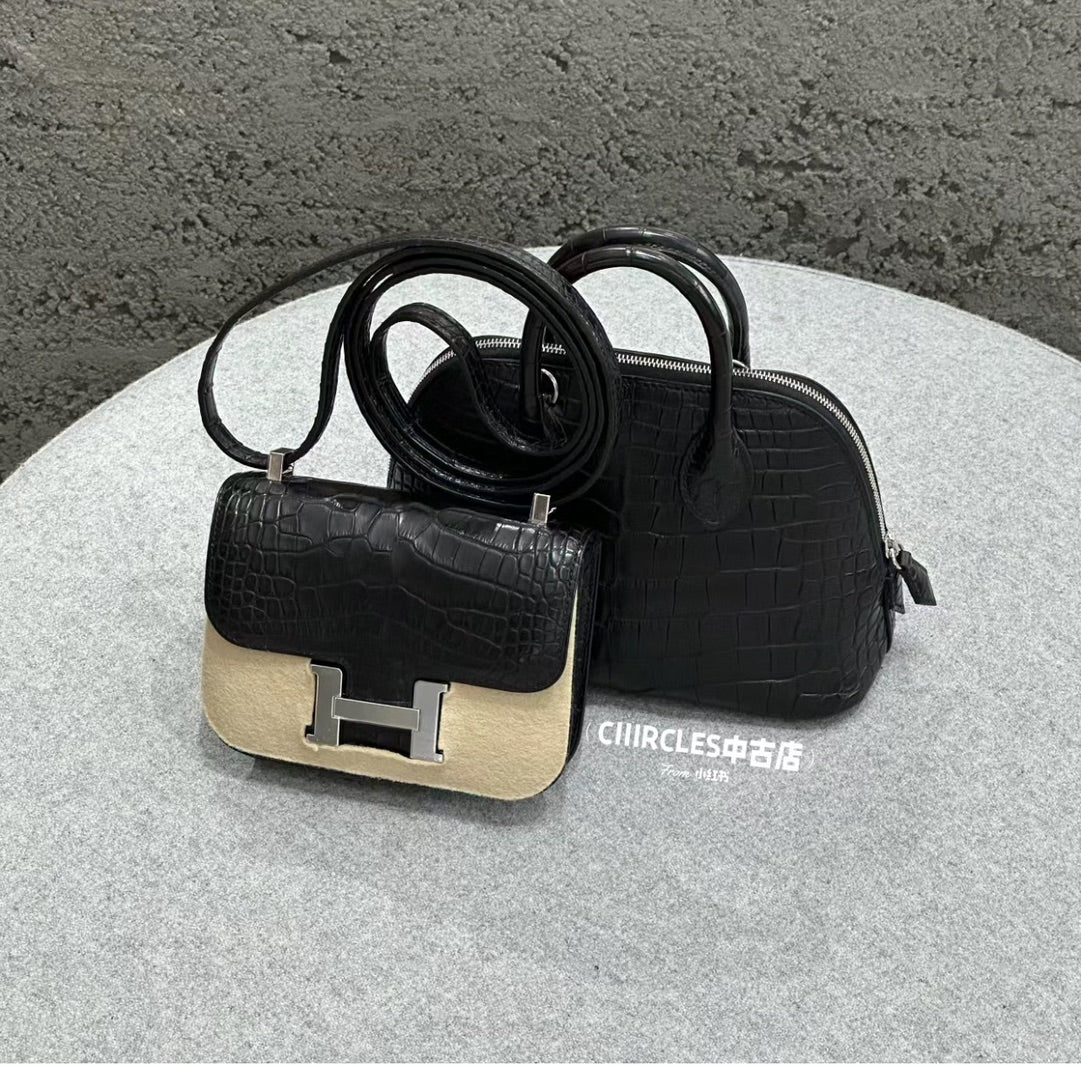 Luxury Vintage Black Crocodile Embossed Handbag Set - Flap &amp; Dome Silhouettes