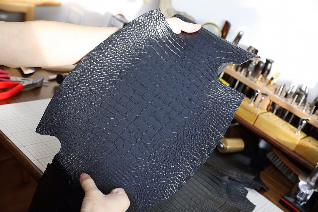Genuine Black Alligator Leather Hide - Exotic Crocodile Skin for Luxury Crafting