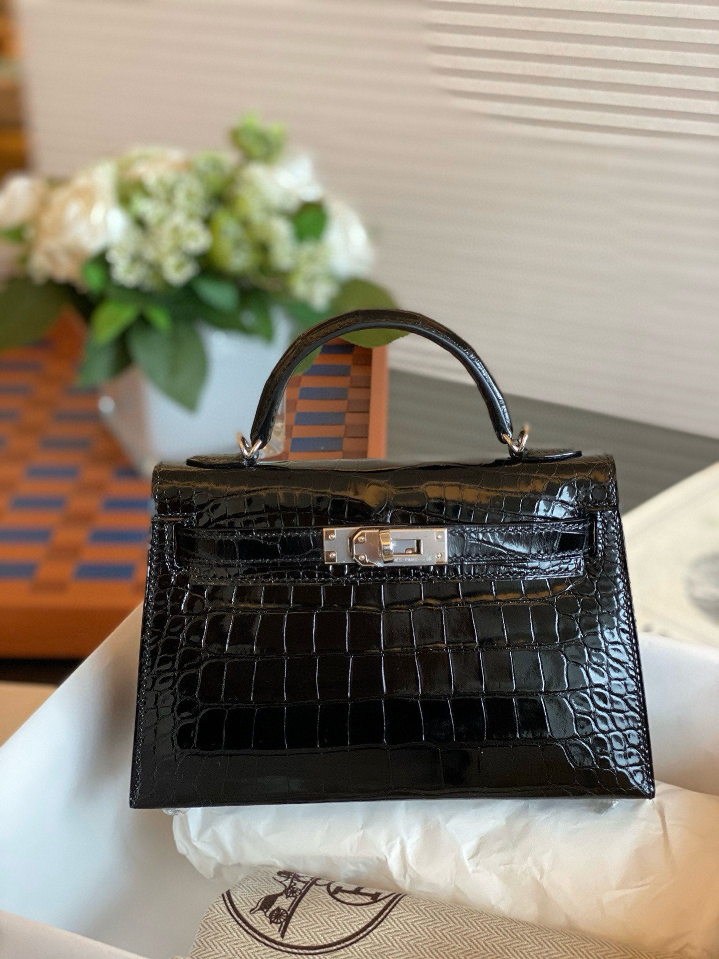 Hermès Mini Kelly II Black Shiny Crocodile Palladium Hardware Handbag