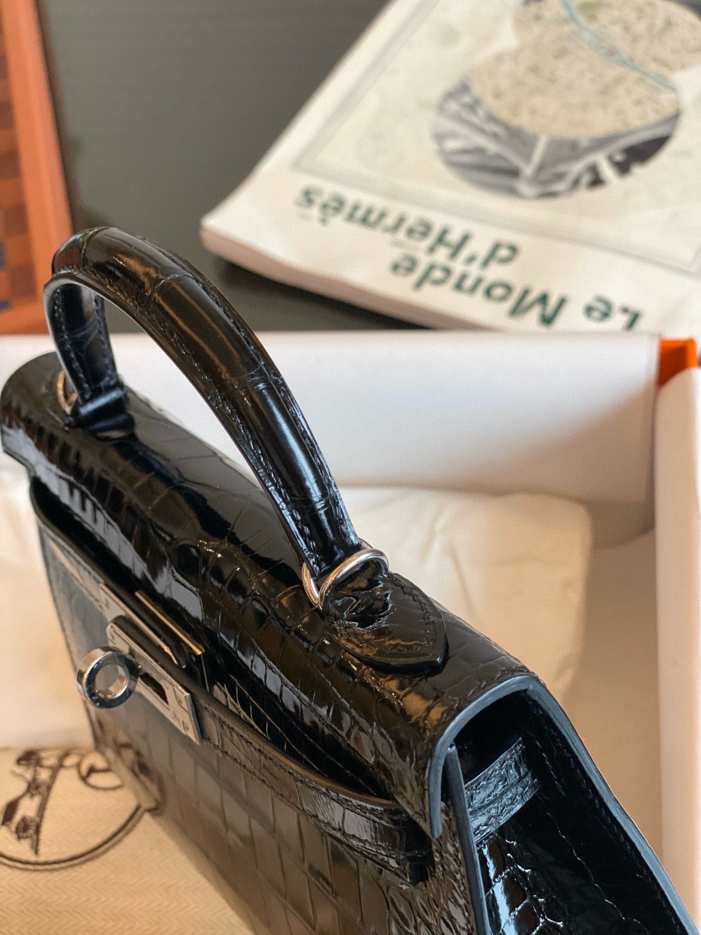 Hermès Mini Kelly II Black Shiny Crocodile Palladium Hardware Handbag