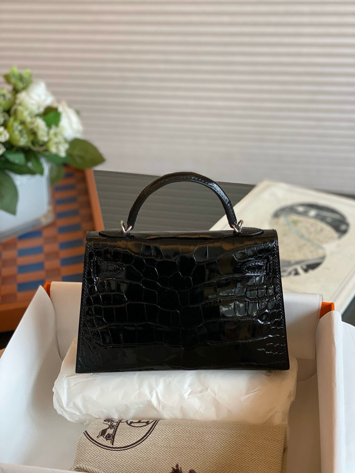 Hermès Mini Kelly II Black Shiny Crocodile Palladium Hardware Handbag