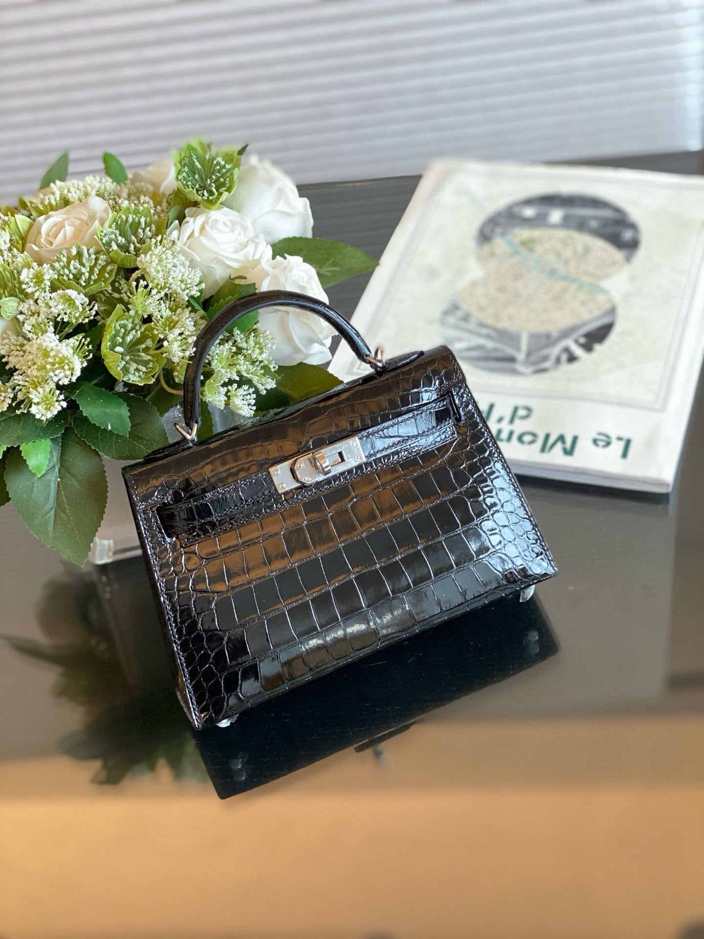 Hermès Mini Kelly II Black Shiny Crocodile Palladium Hardware Handbag