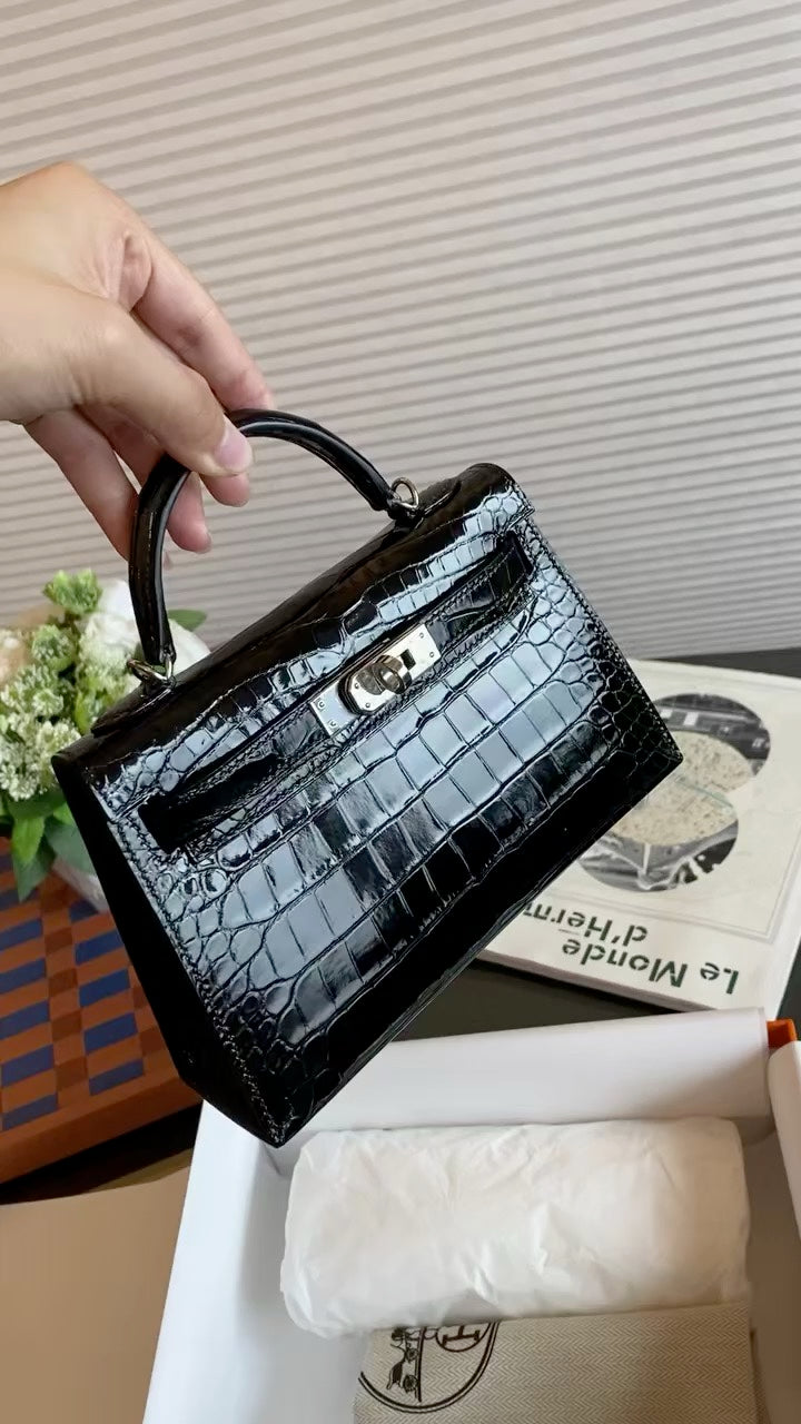 Luxury Black Crocodile Embossed Leather Handbag - Classic Top Handle Tote with Silver Hardware