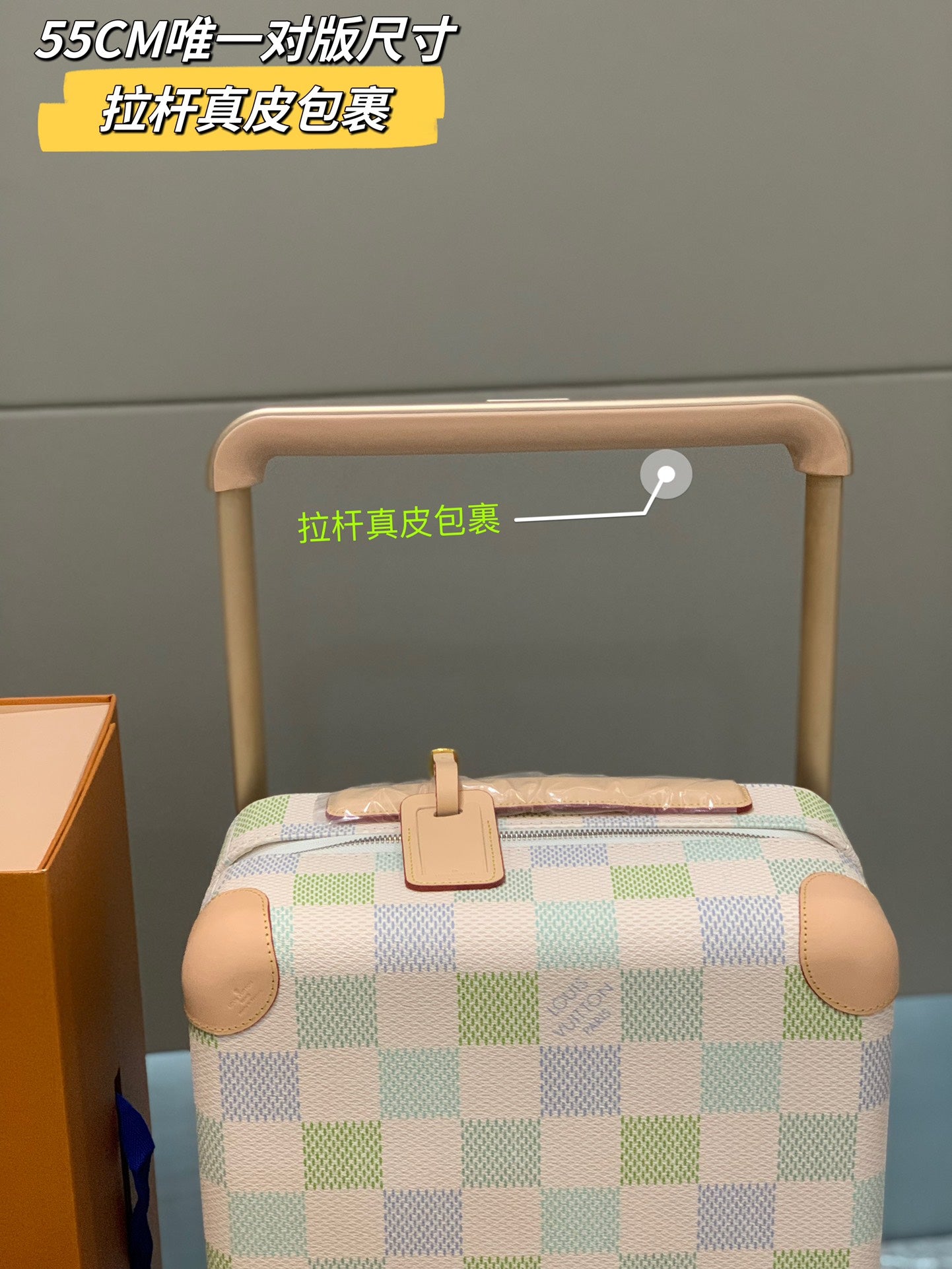 Pastel Checkerboard Rolling Suitcase with Leather Trim