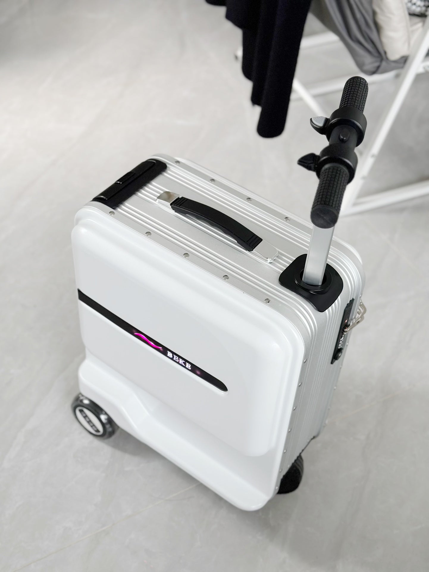 White Electric Ride-On Scooter Suitcase Hardshell Carry-On Luggage