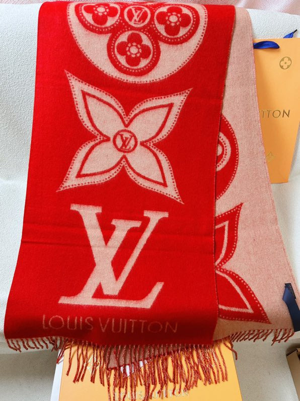 Louis Vuitton Red Monogram Flower Scarf with Gold-Tone LV Brooch and Fringe Detail