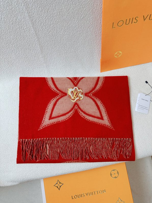 Louis Vuitton Red Monogram Flower Scarf with Gold-Tone LV Brooch and Fringe Detail