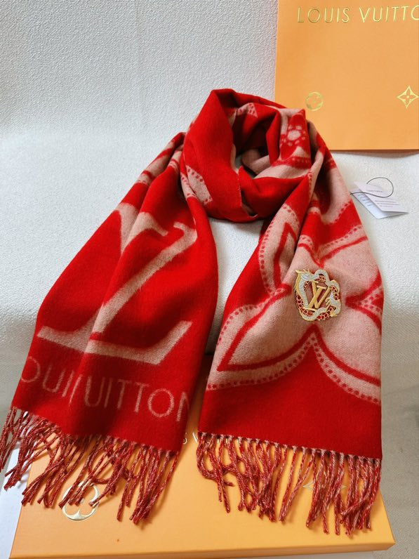 Louis Vuitton Red Monogram Flower Scarf with Gold-Tone LV Brooch and Fringe Detail