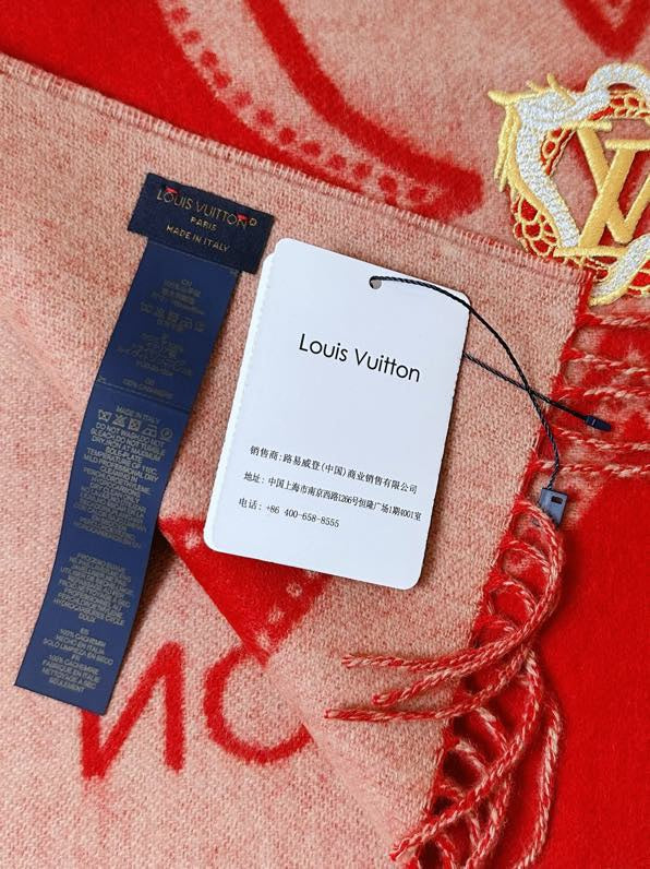 Louis Vuitton Red Monogram Flower Scarf with Gold-Tone LV Brooch and Fringe Detail