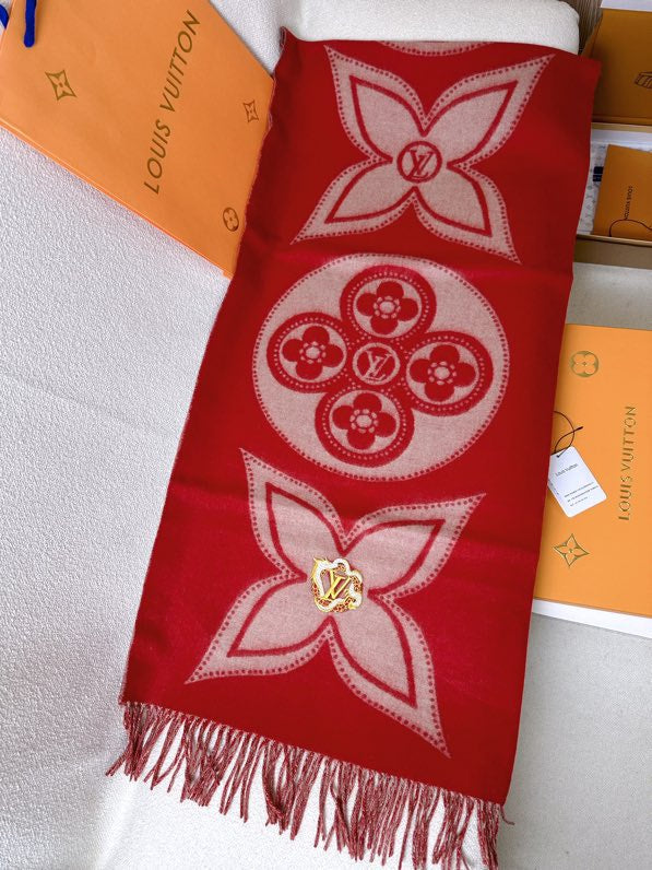 Louis Vuitton Red Monogram Flower Scarf with Gold-Tone LV Brooch and Fringe Detail