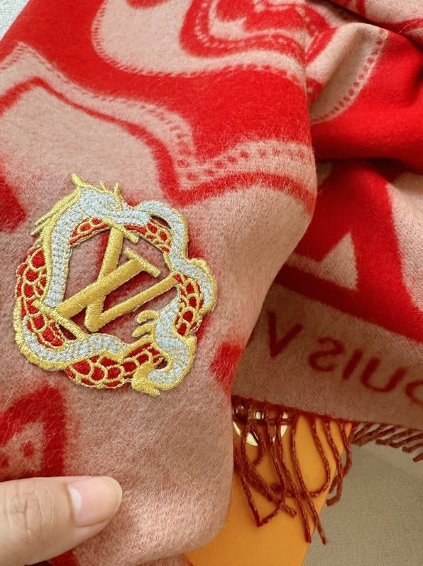 Louis Vuitton Red Monogram Flower Scarf with Gold-Tone LV Brooch and Fringe Detail