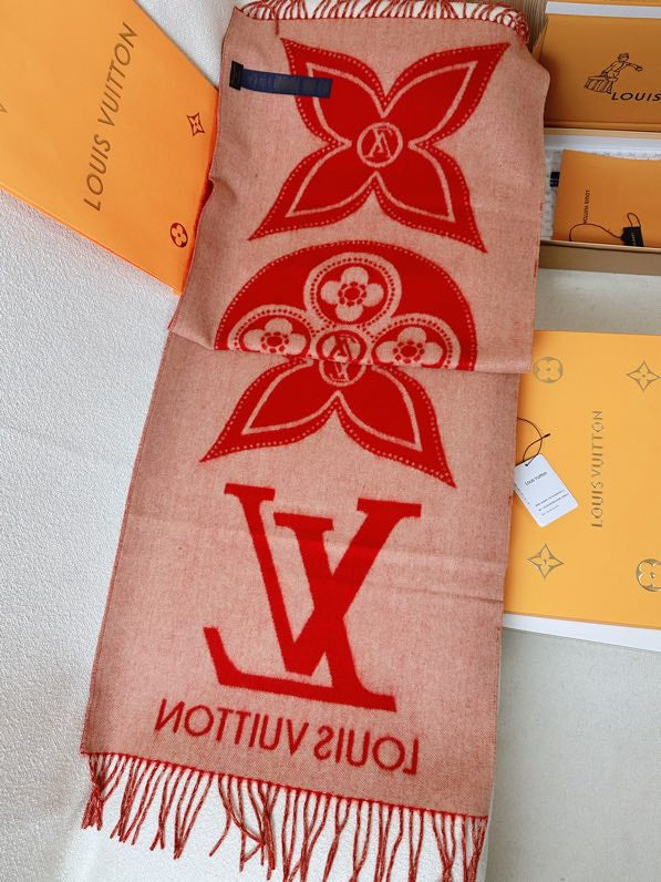Louis Vuitton Red Monogram Flower Scarf with Gold-Tone LV Brooch and Fringe Detail