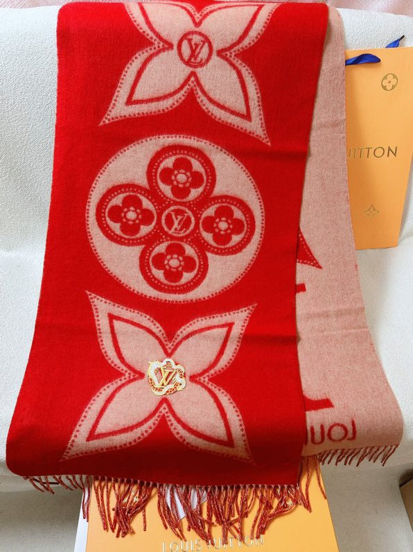 Louis Vuitton Red Monogram Flower Scarf with Gold-Tone LV Brooch and Fringe Detail