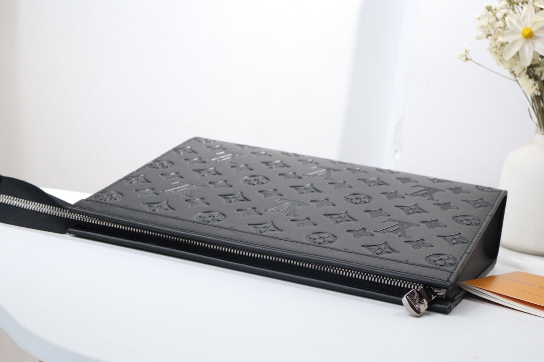 Black Embossed Monogram Leather Clutch Pouch Bag with Wristlet