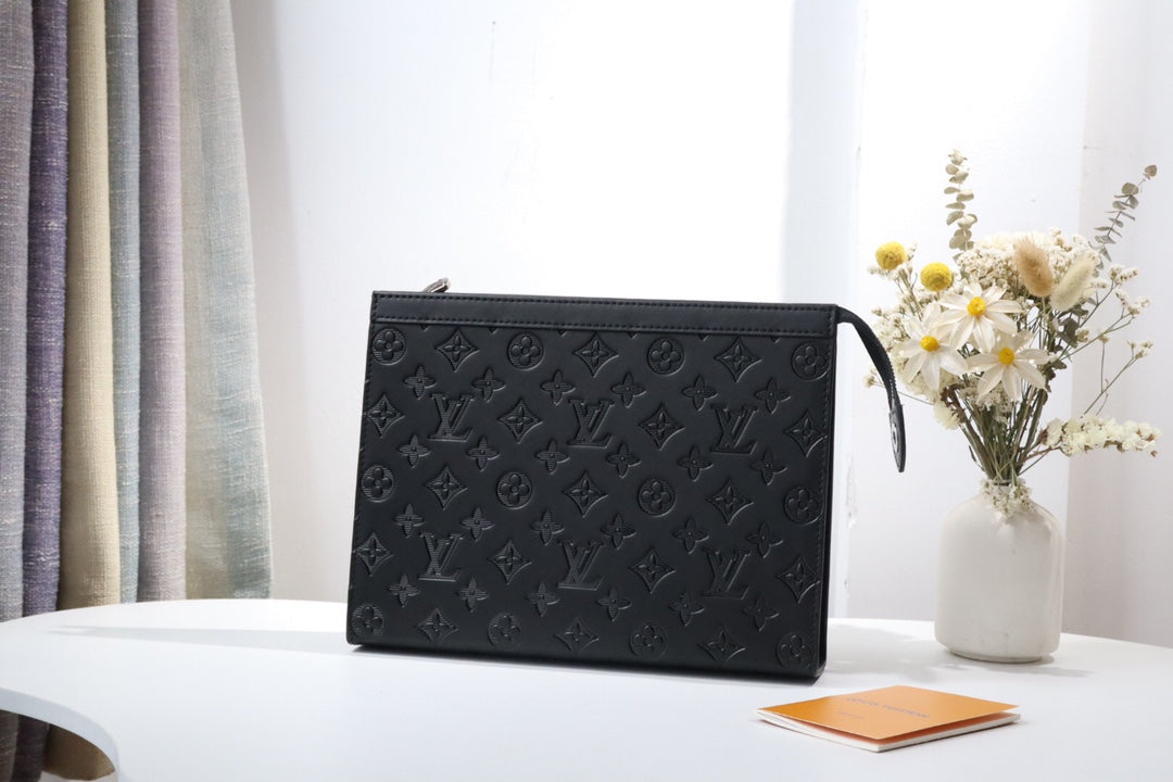 Black Embossed Monogram Leather Clutch Pouch Bag with Wristlet