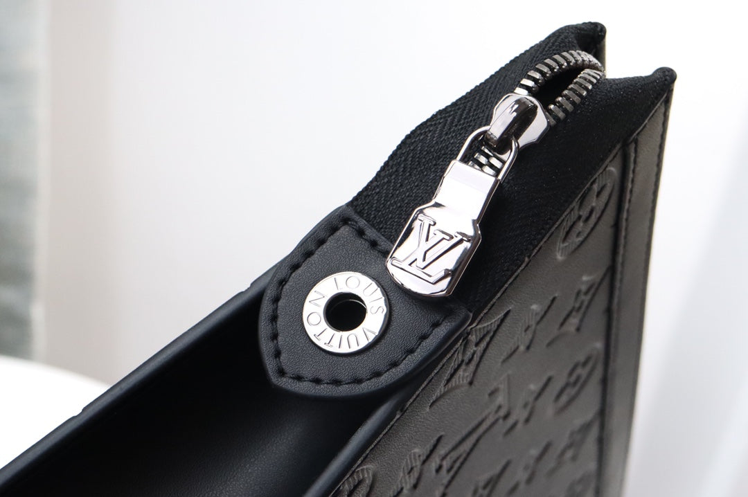 Black Embossed Monogram Leather Clutch Pouch Bag with Wristlet