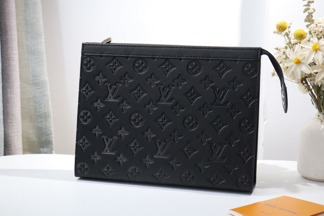 Black Embossed Monogram Leather Clutch Pouch Bag with Wristlet