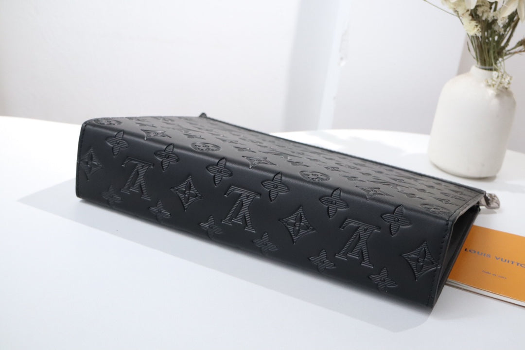 Black Embossed Monogram Leather Clutch Pouch Bag with Wristlet
