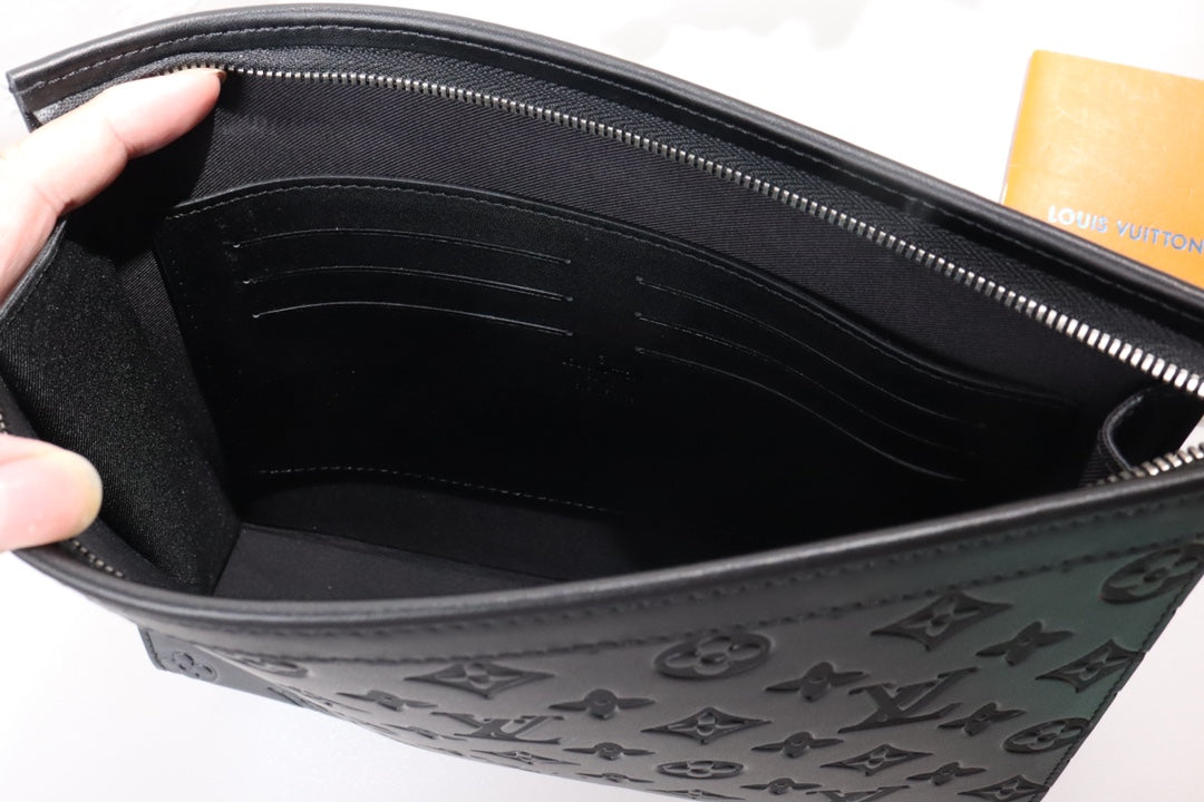 Black Embossed Monogram Leather Clutch Pouch Bag with Wristlet
