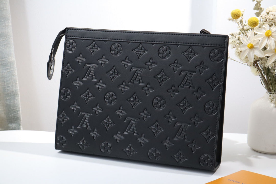 Black Embossed Monogram Leather Clutch Pouch Bag with Wristlet
